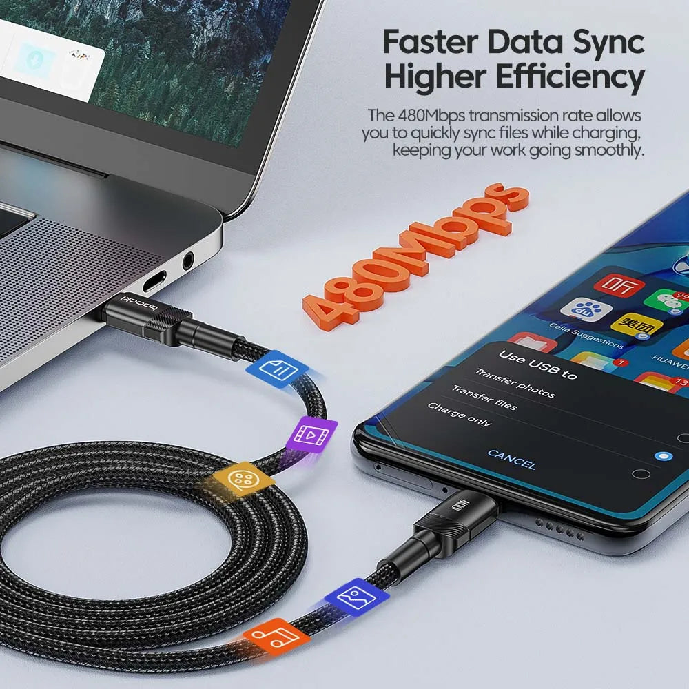 USB cable connecting a laptop and smartphone with text about data sync and efficiency.
