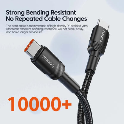Black data cable with USB-C and Type-A connectors on a light blue background, featuring text about its durability.